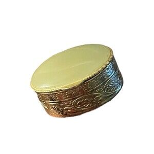 Vintage Oval Pill Trinket Box Gold Tone with Green Agate Stone Lid Floral Design